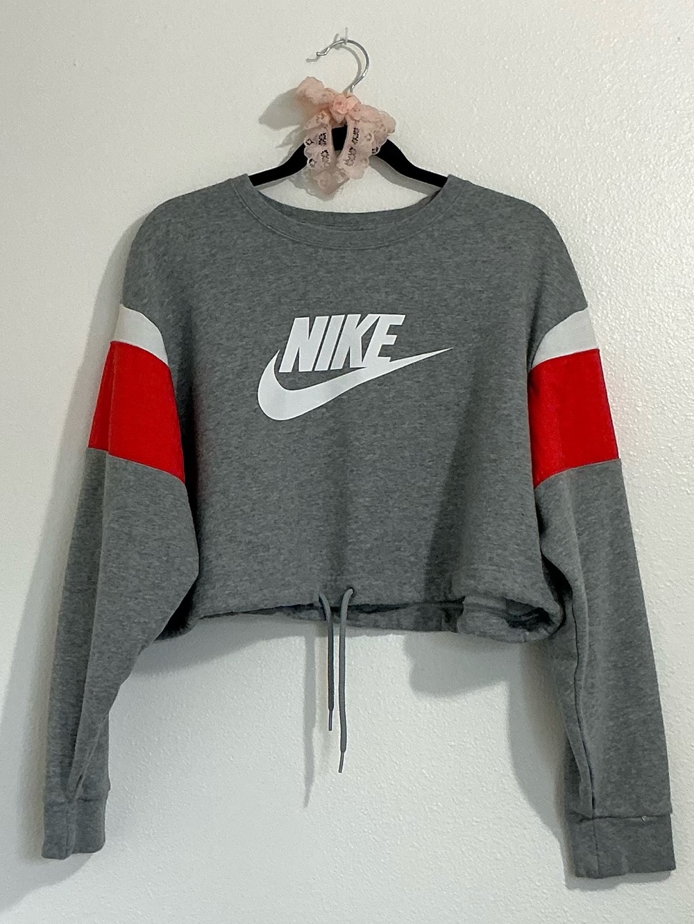 Nike Gray Cropped Drawstring Sweatshirt w/ White Logo and Red and White Paneling